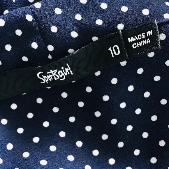SPORTSGIRL size 10 long sleeved blouse, gathered V neck, dark blue w/white dots - Picture 7 of 8
